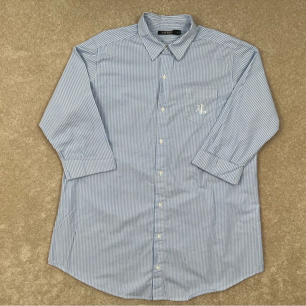 Lauren Ralph Lauren Shirt XL Blue Button Up Striped 3/4 Sleeve Cotton Preppy Men